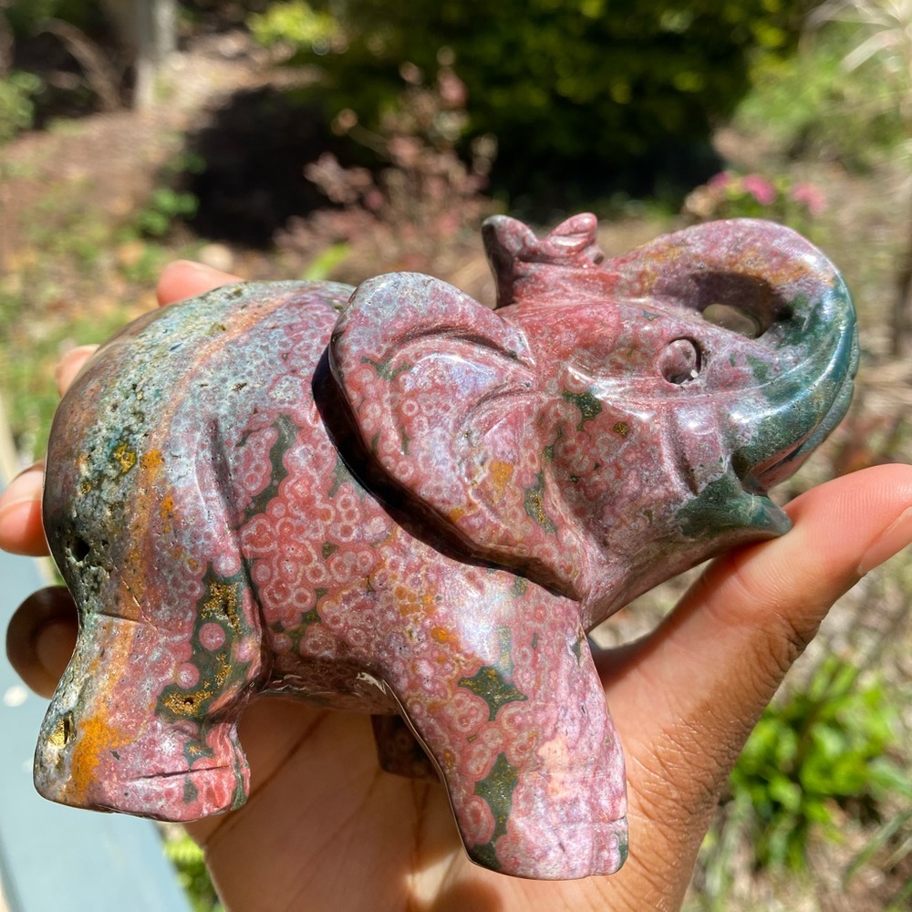 Natural, Colorful Orbicular Ocean Jasper Elephant Carving